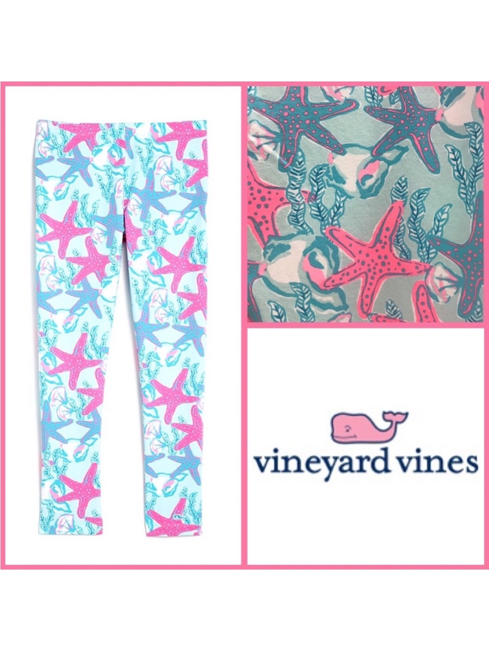 Vineyard Vines Starfish Conch blue and pink vibrant leggings girls medium 10-12